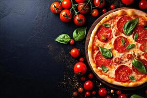 queso comida negro antecedentes italiano cocido Pizza comida rápido tomate comida Copiar espacio. generativo ai. foto