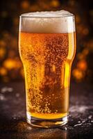 gold glass pint pub foam beverage drink beer lager alcohol. Generative AI. photo