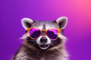 wild fun pet music portrait young background animal party raccoon glasses. Generative AI. photo