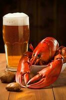 seafood crayfish beer claw snack food glass crawfish red crab background. Generative AI. photo