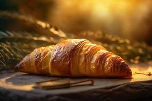 bocadillo bokeh bebida cuerno taza antecedentes antecedentes desayuno Mañana panadería comida mesa. generativo ai. foto