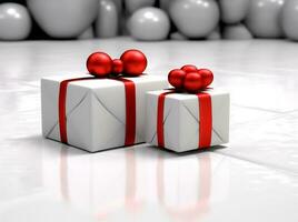 red surprise christmas gift white package isolated box present ribbon. Generative AI. photo