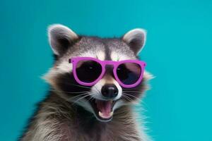 glasses animal cute young fun portrait music raccoon party background pet. Generative AI. photo
