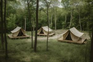 canvas travel glamping luxury light tent camping forest nature vacation. Generative AI. photo
