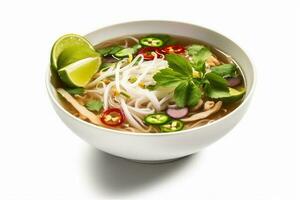 soup traditional background bowl dish diet white food noodle broth asian. Generative AI. photo