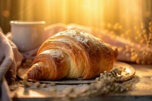 food morning breakfast background background drink bakery meal table cup bokeh croissant. Generative AI. photo