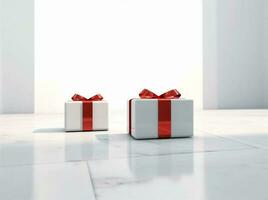 surprise present red christmas ribbon gift package white box isolated. Generative AI. photo