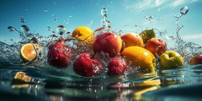 Fresco Fruta vitamina agua comida burbuja antecedentes verde sano fresa gota. generativo ai. foto