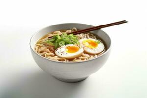 meal delicious noodle soup white japanese asian bowl food ramen background. Generative AI. photo