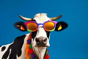 portrait funny character animal colourful head cute cow sunglasses face. Generative AI. photo