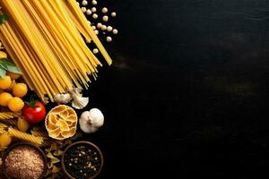 food pasta dinner ingredient spaghetti healthy macaroni raw background italian uncooked. Generative AI. photo