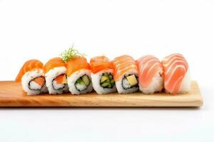 japanese fish food white healthy sushi seafood background roll rice set. Generative AI. photo