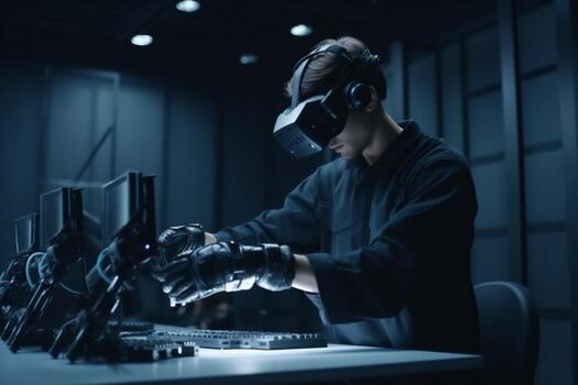 three-dimensional man glasses robot design virtual 3d engineer technology innovation future robotic. . photo