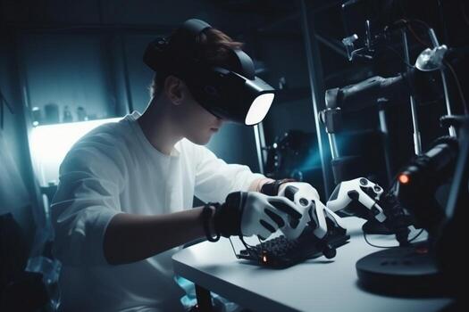 programming man technology virtual glasses innovation engineer robotic three-dimensional 3d future robot. . photo