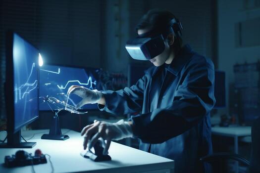 futuro hombre virtual simulación tecnología 3d lentes innovación tridimensional ingeniero robot robótico generativo ai. foto