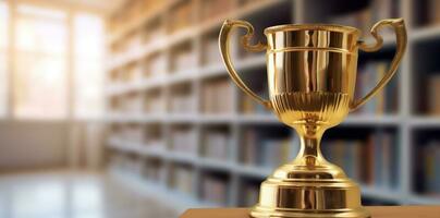 library competition cup gold celebration champion award bokeh prize trophy. Generative AI. photo