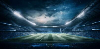 stadium football soccer goal world green light arena sport game. Generative AI. photo