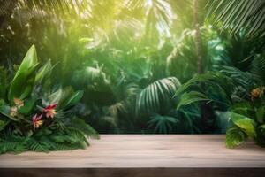 design wooden leaf space podium palm platform mock up green color. . photo