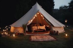 camping glamping light vacation luxury tent canvas forest nature travel. . photo