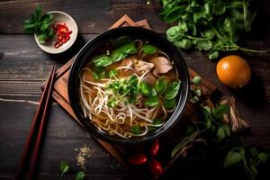 soup vegetable lunch food bowl hot asian japanese meal background noodle. Generative AI. photo