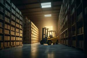 forklift warehouse transportation delivery logistic distribution cargo sun box storage. Generative AI. photo