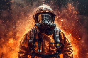 firefighter uniform safety equipment rescue fighter fire smoke emergency fireman. Generative AI. photo