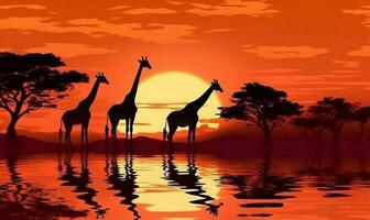 africa nature giraffe elephant sunset silhouette wild safari wildlife animal. Generative AI. photo