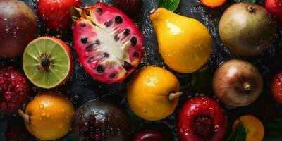 background water fresh fruit drop banana green strawberry vitamin food healthy. Generative AI. photo