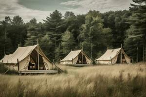 camping travel glamping nature tent luxury vacation forest light canvas. Generative AI. photo