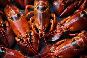 boiled cooked crayfish close-up crawfish claw lobster background red food seafood. Generative AI. photo
