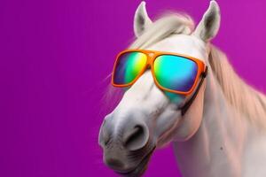 background horse wild animal portrait funny sunglasses colourful goggles fun smile. Generative AI. photo