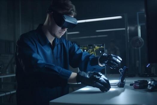 hombre robótico 3d lentes tecnología virtual futuro innovación tridimensional digital robot ingeniero. generativo ai. foto