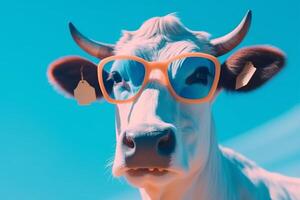 antecedentes cabeza Copiar gracioso cara lente Gafas de sol azul espacio vaca retrato animal. generativo ai. foto