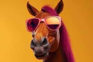 funny sunglasses smile animal goggles background colours portrait horse colourful fun. Generative AI. photo