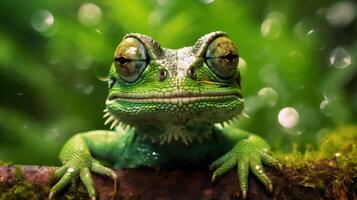 portrait glasses animal green lizard scale close-up wildlife iguana reptile. Generative AI. photo