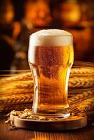 beverage pub foam beer drink glass alcohol lager pint gold. Generative AI. photo