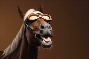 horse colourful funny animal smile sunglasses background art fun goggles portrait. Generative AI. photo