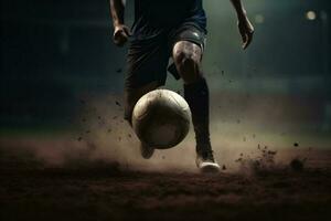 competition stadium football game sport foot kick soccer ball goal. Generative AI. photo