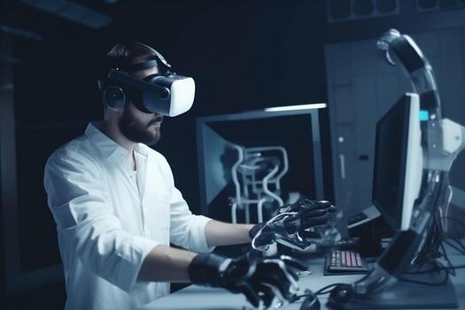 futuro hombre lentes 3d robot robótico innovación ingeniero virtual máquina tecnología tridimensional. generativo ai. foto