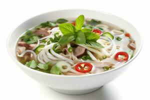 noodle bowl broth background white food traditional dish cooking asian soup. Generative AI. photo