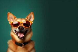 yellow dog cute pet portrait animal sunglasses funny background isolated smile. Generative AI. photo