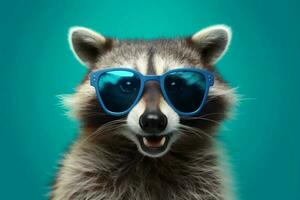 young party glasses pet entertainment raccoon animal background fun portrait music. Generative AI. photo