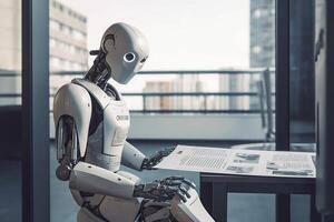 artificial document hand office ai digital paper robot laptop technology. . photo