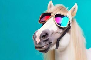 funny goggles animal portrait colourful smile wild fun background horse sunglasses. Generative AI. photo