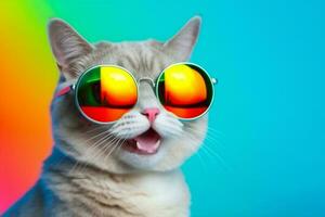 sunglasses neon portrait cute fashion cat animal colourful pet funny. Generative AI. photo