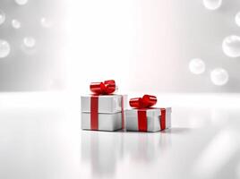 present white gift red surprise isolated ribbon package christmas box. Generative AI. photo