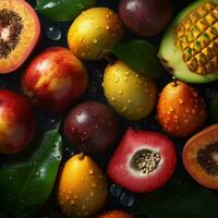 orange healthy food drop water strawberry green vitamin fresh fruit background. Generative AI. photo