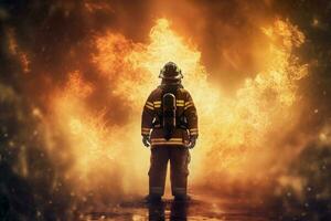 fire rescue equipment fighter firefighter emergency safety smoke fireman uniform. Generative AI. photo