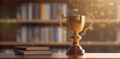 award bokeh gold competition library champion prize celebration cup trophy. Generative AI. photo