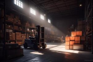 delivery sun forklift cargo logistic storage distribution warehouse transportation box. Generative AI. photo